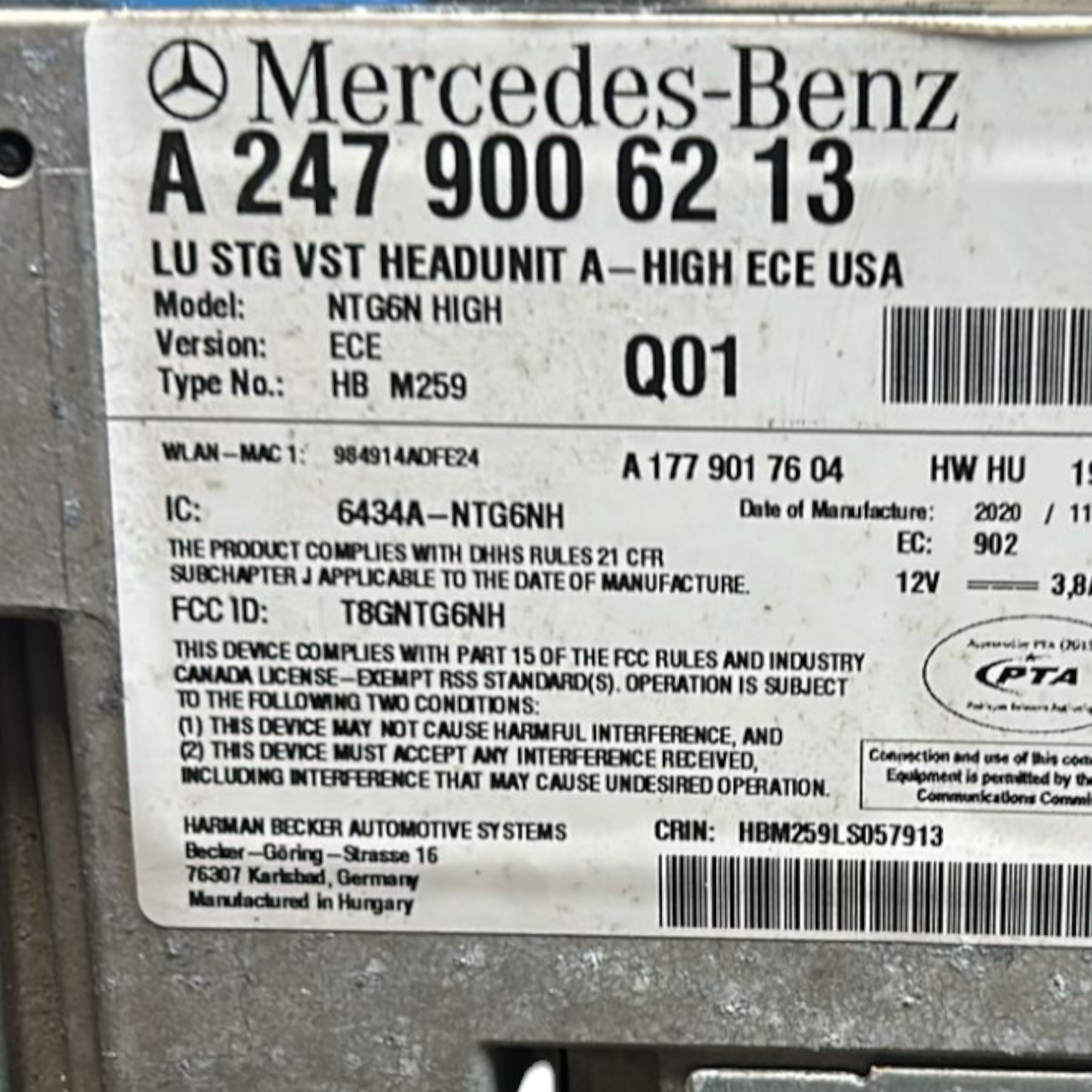 Stereo / Autoradio Mercedes B -Class W247 (2019>) COD: A2479006213