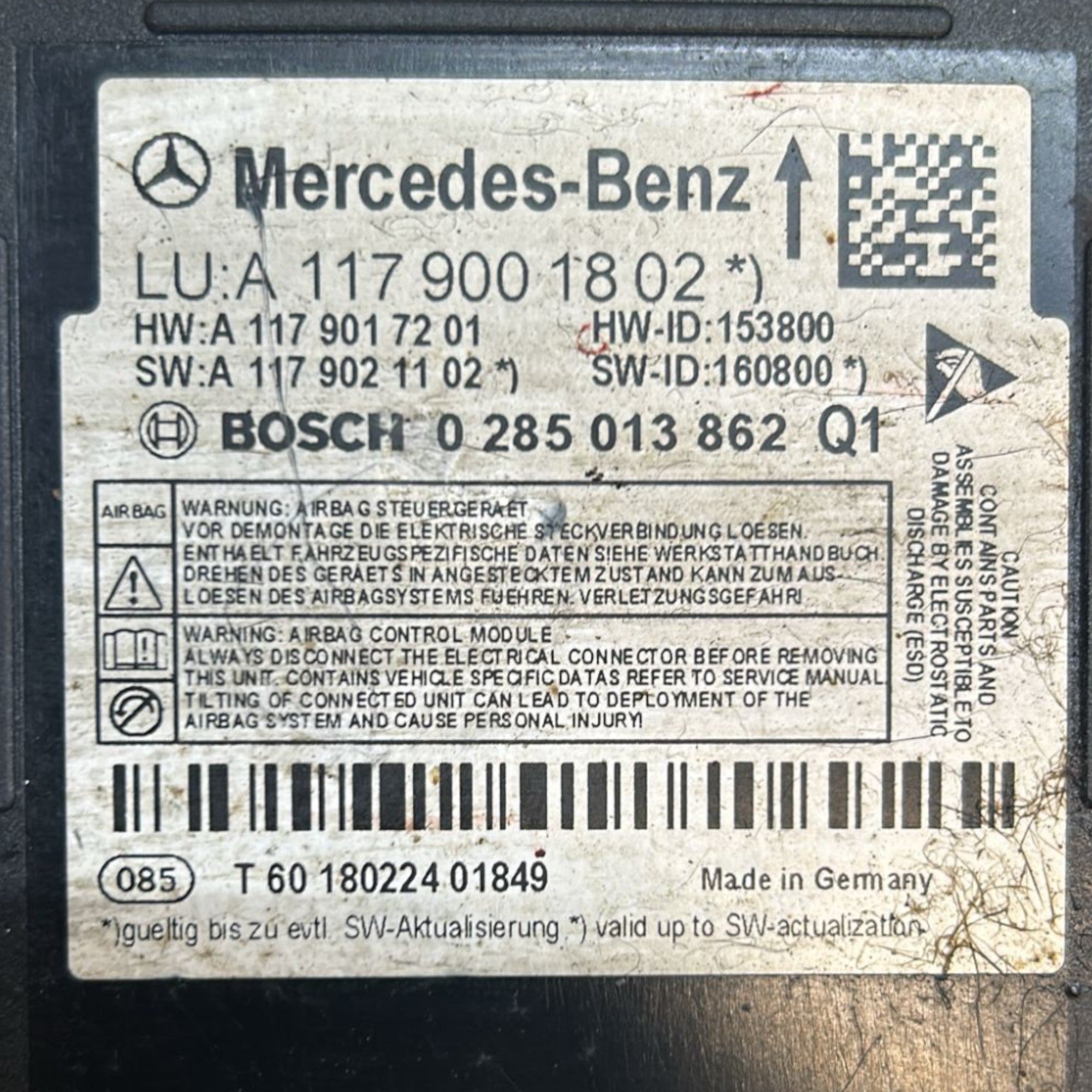 Centralina AirBag Mercedes Benz Classe A (W176) cod.A1179001802 (2012 > 2018) - F&P CRASH SRLS - Ricambi Usati